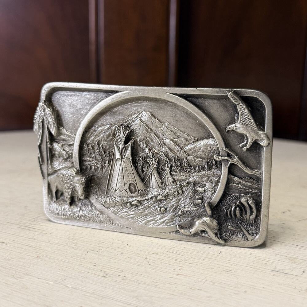 Vintage 1983 Siskiyou Native American Indian Pewter Belt Buckle Williams Oregon